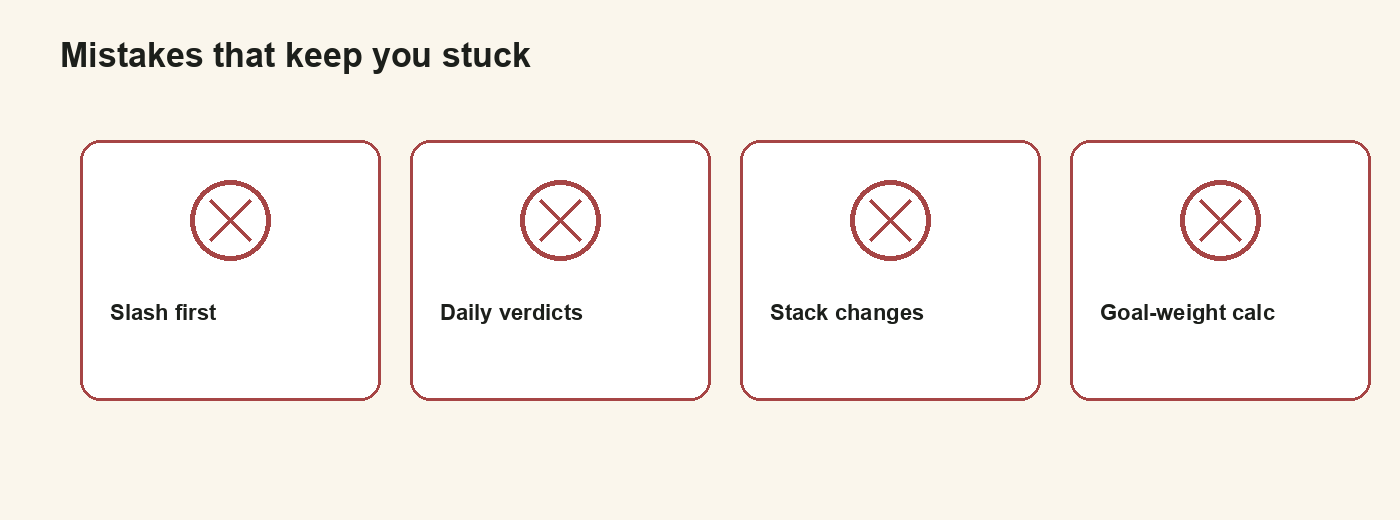 Mistakes: slash first, daily verdicts, stack changes, goal-weight calc